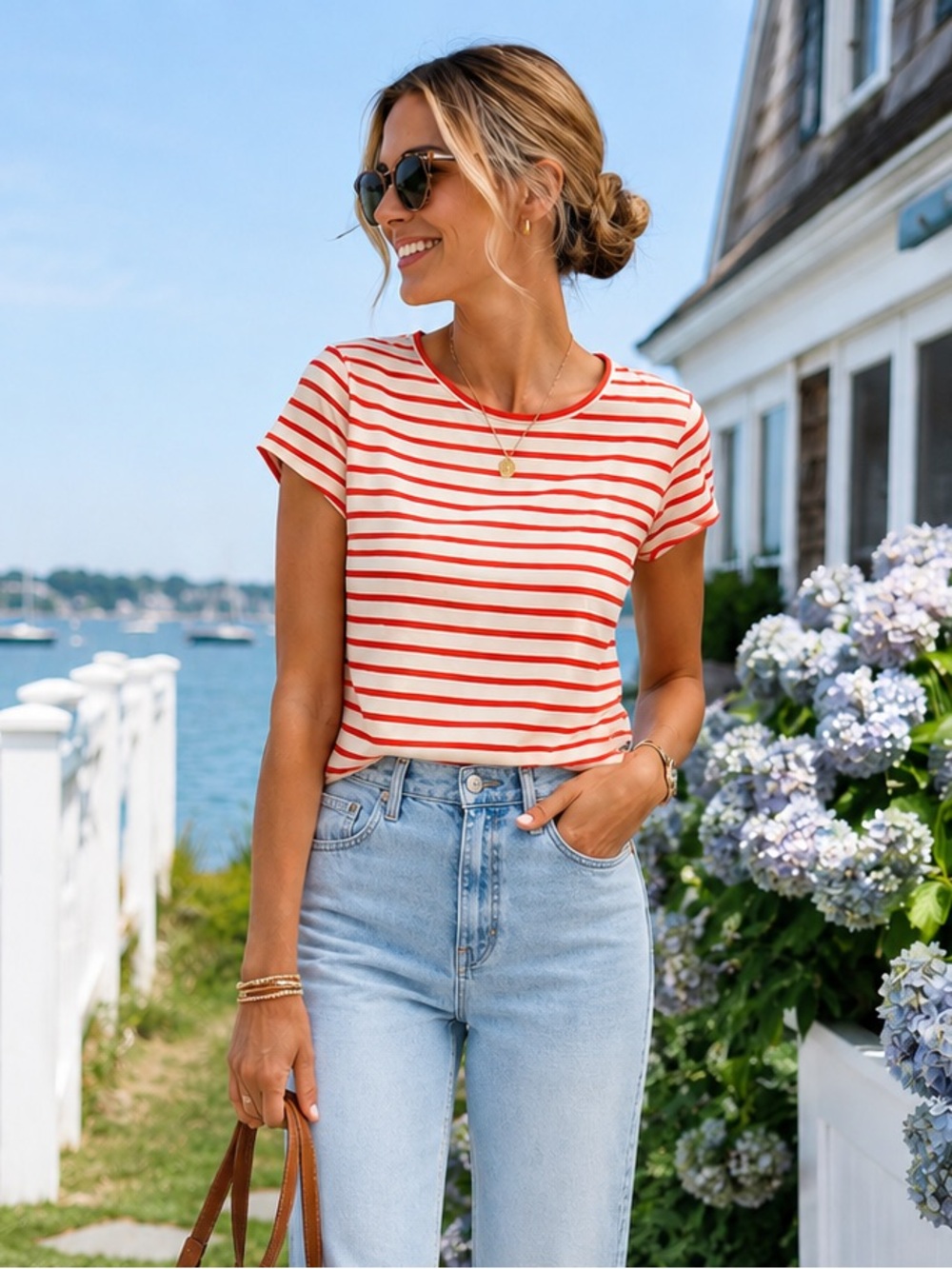 LOFT Orange & Cream Striped Back Zip Short Sleeve Nautical Top